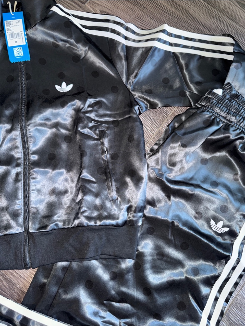 adidas Black Satin Bomber Jacket & Track Pants with White Stripes - Picture 2 of 2